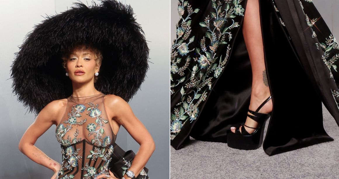 Rita Ora Balances Sheer Embroidery With Sky-high D’Accori Platforms at the Vanity Fair Oscars&nbsp;Party